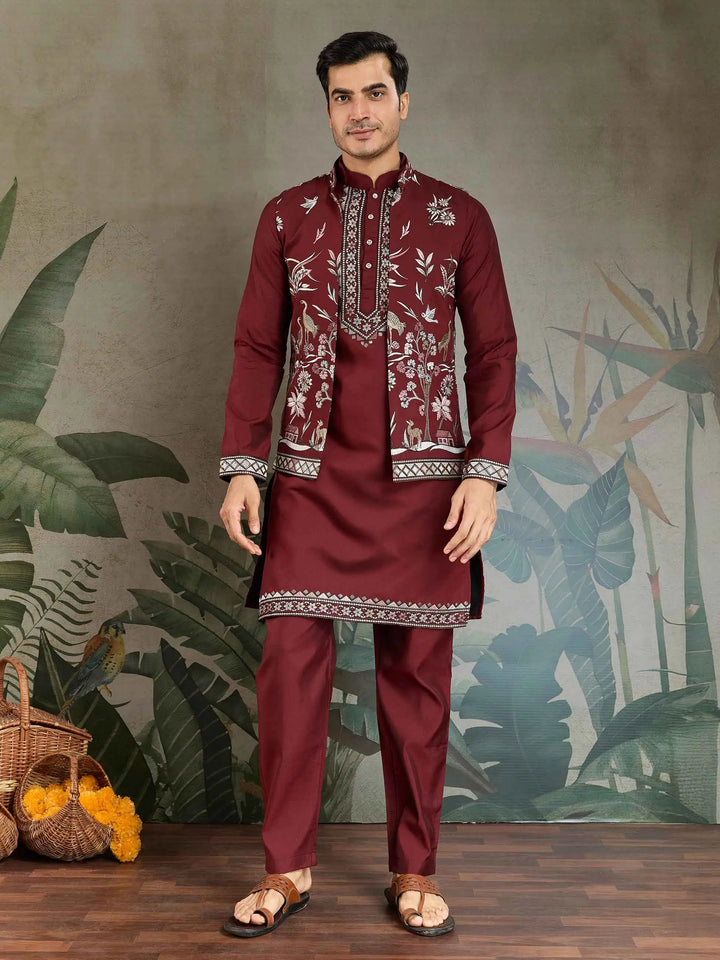 Maroon Wedding Wear Thread Sequins Embroidery Work Kurta And Koti(Jacket) - qivii