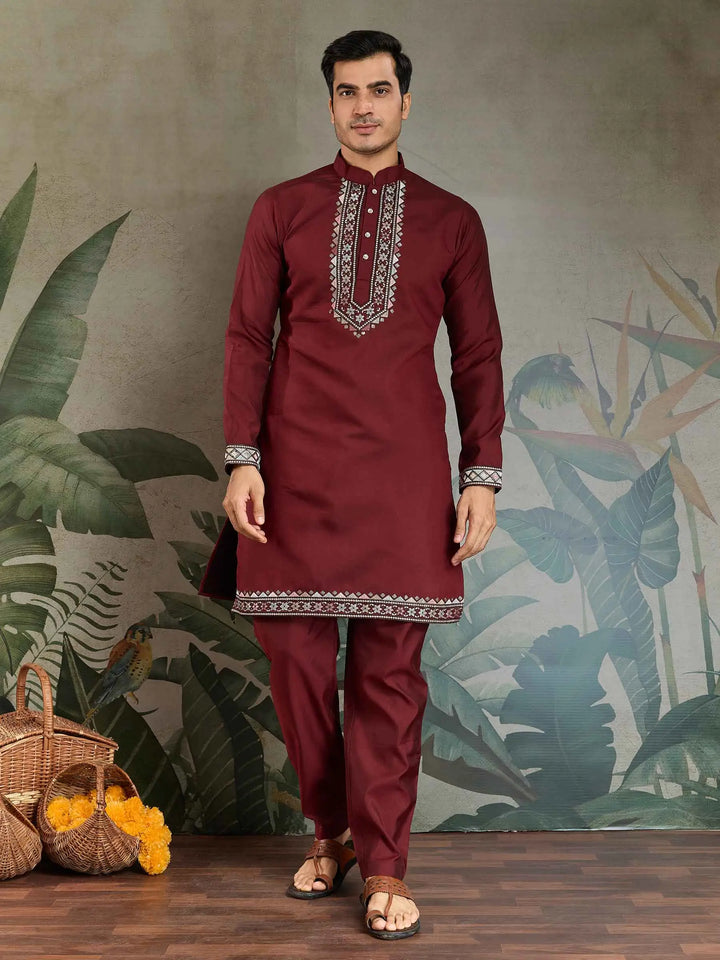 Maroon Wedding Wear Thread Sequins Embroidery Work Kurta And Koti(Jacket) - qivii