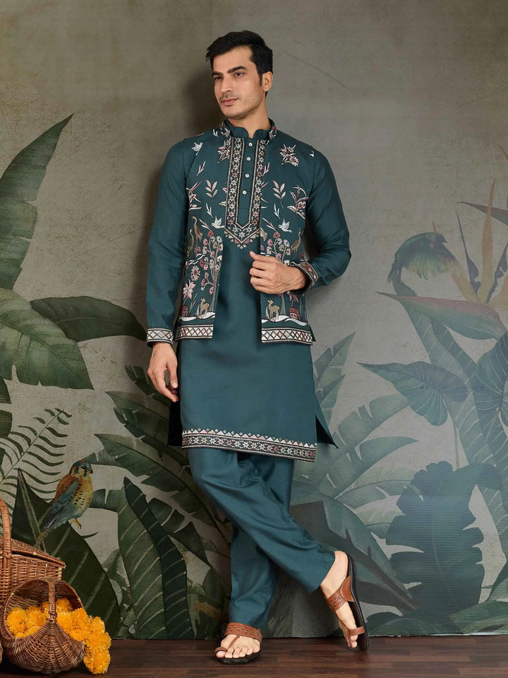 Mineral Green Wedding Wear Kurta With Thread Sequins Embroidery Work Jacket - qivii