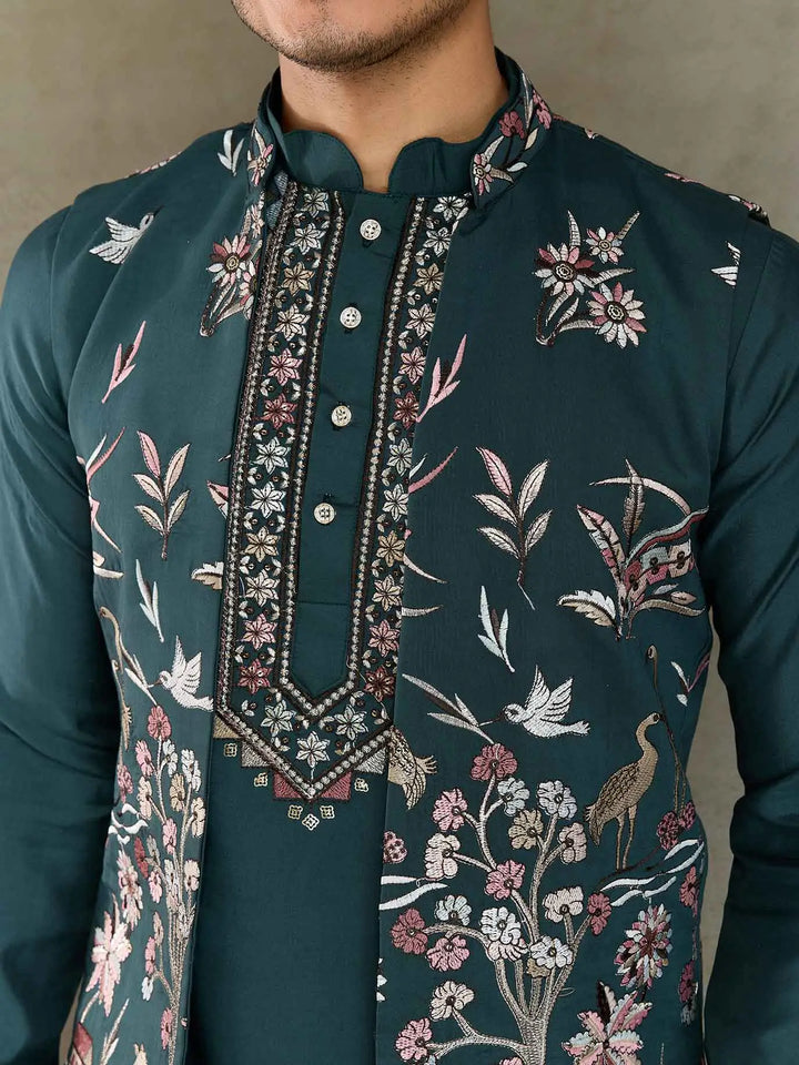 Mineral Green Wedding Wear Kurta With Thread Sequins Embroidery Work Jacket - qivii