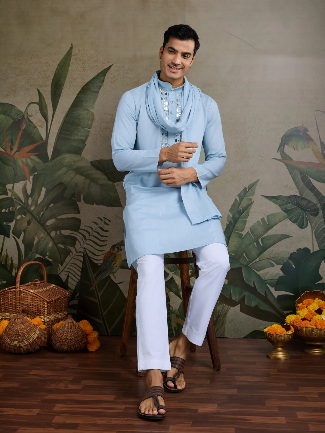 Sky Jari & Mirror Work Kurta Set With Pant & Dupatta - qivii