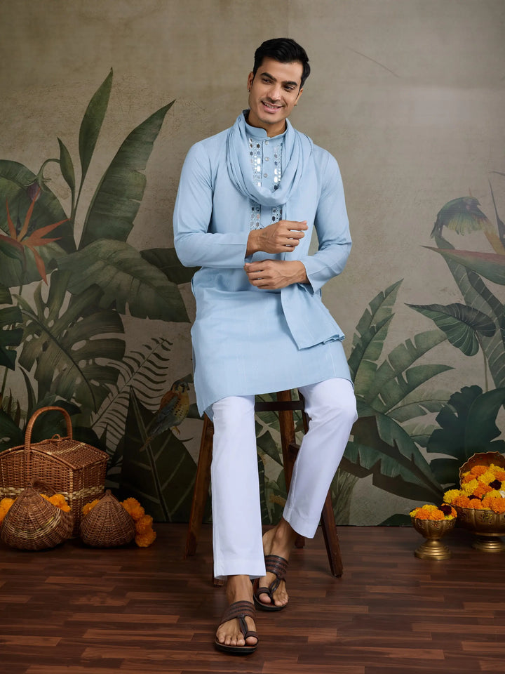 Sky Jari & Mirror Work Kurta Set With Pant & Dupatta - qivii