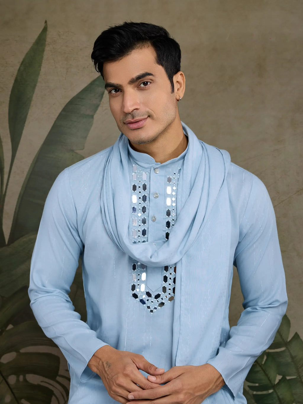 Sky Jari & Mirror Work Kurta Set With Pant & Dupatta