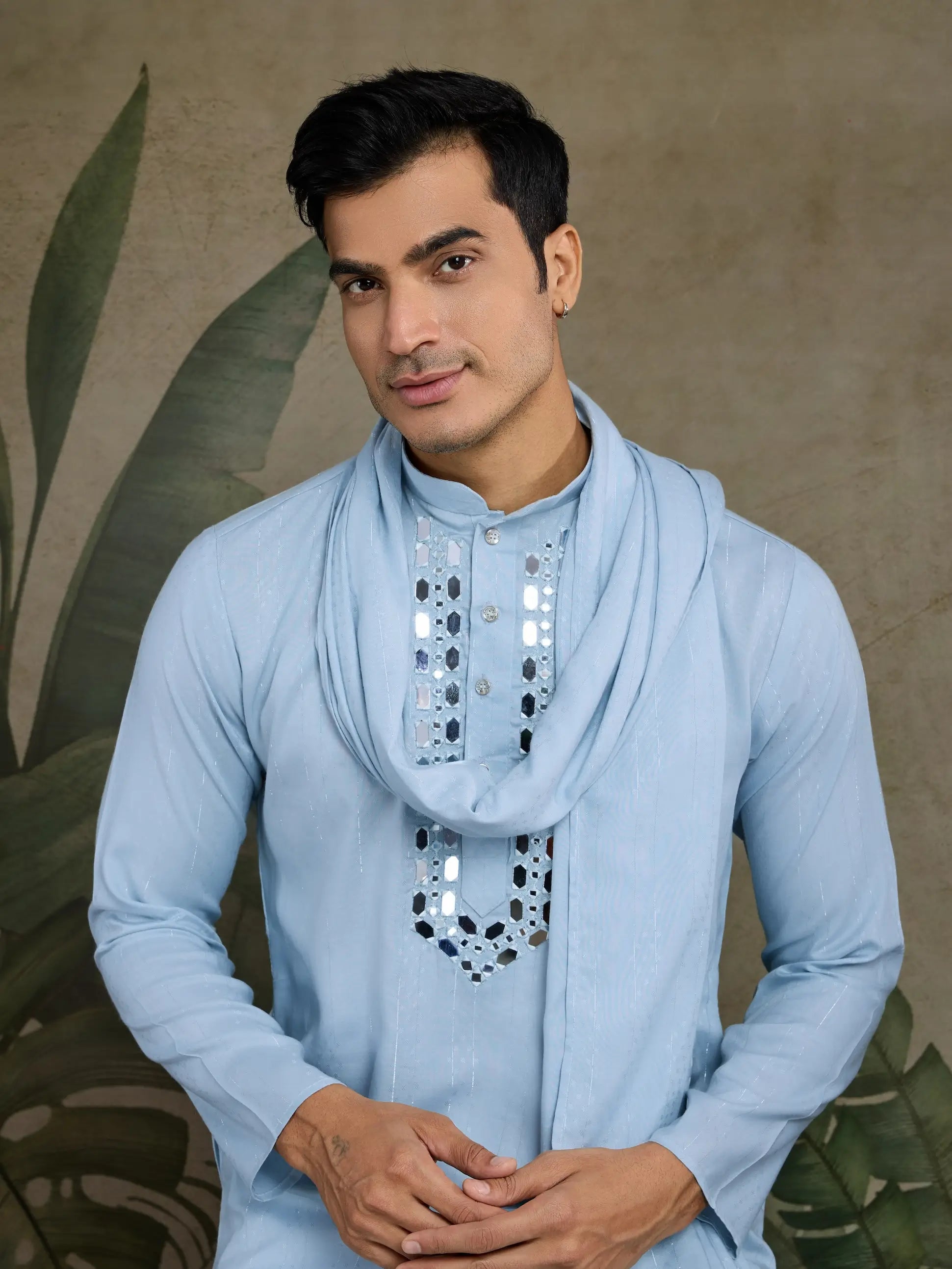 Sky Jari & Mirror Work Kurta Set With Pant & Dupatta