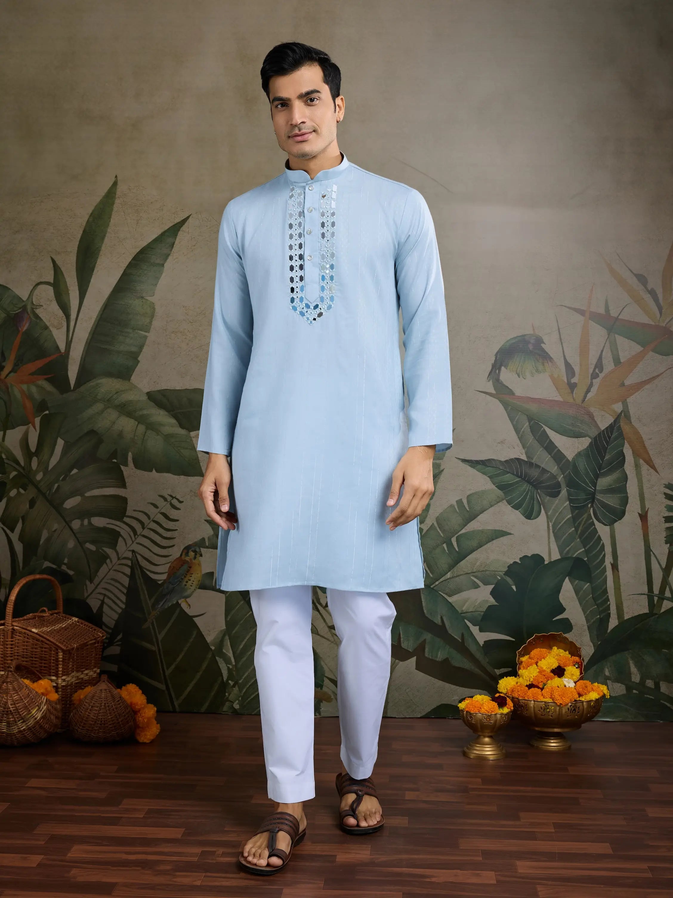 Sky Jari & Mirror Work Kurta Set With Pant & Dupatta