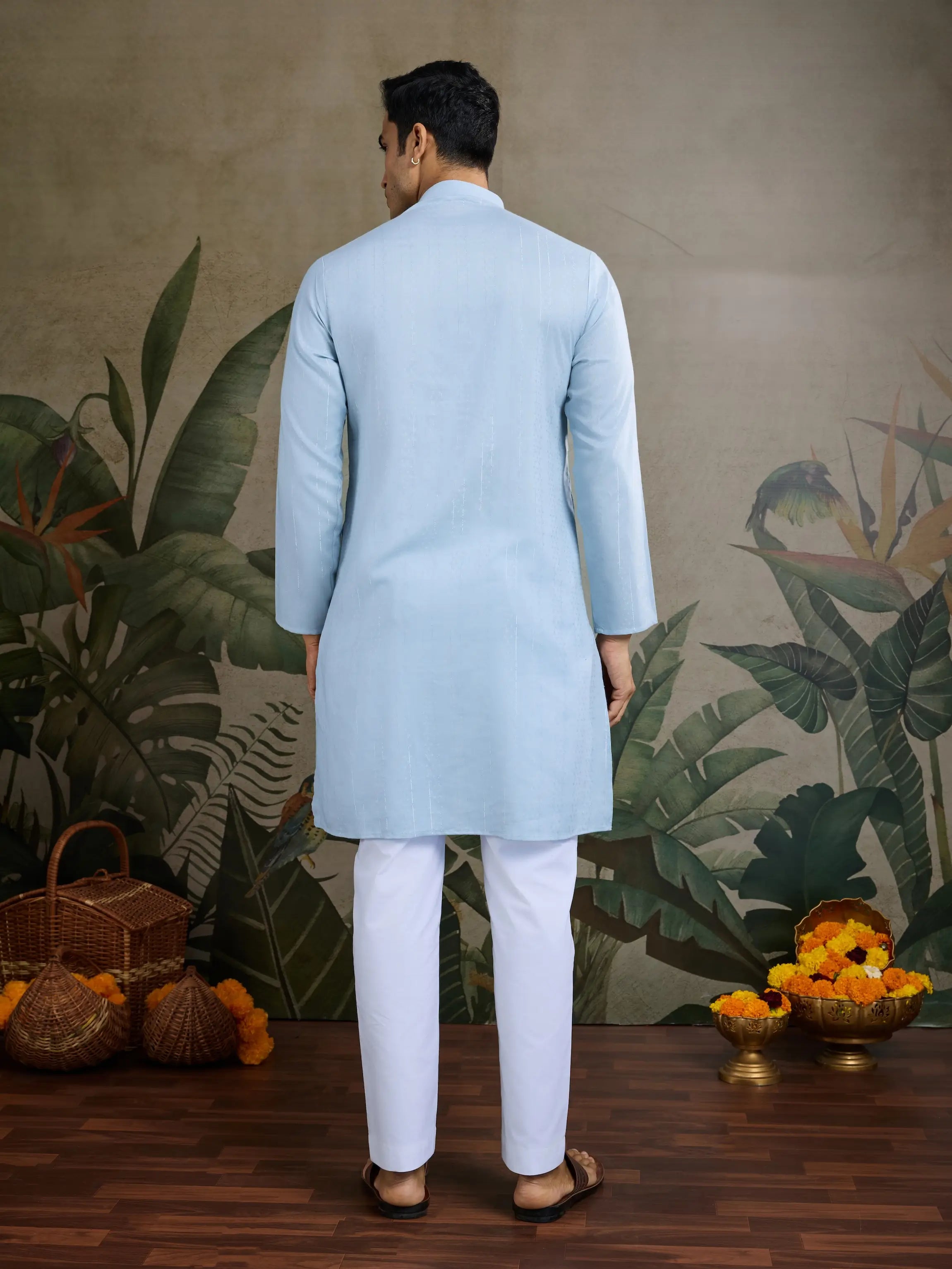 Sky Jari & Mirror Work Kurta Set With Pant & Dupatta