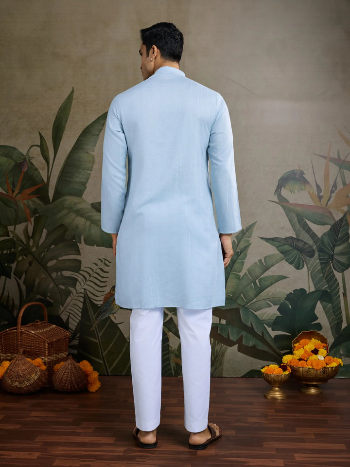 Sky Jari & Mirror Work Kurta Set With Pant & Dupatta - qivii