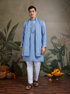 Light Blue Jari & Mirror Work Kurta Set With Pant & Dupatta