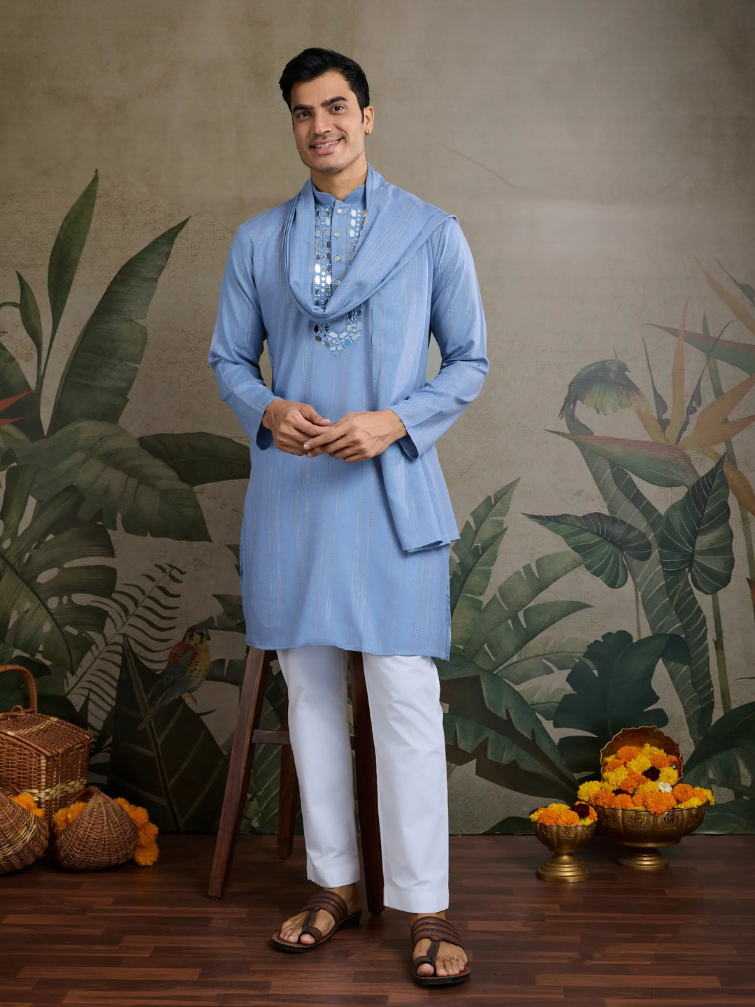 Light Blue Jari & Mirror Work Kurta Set With Pant & Dupatta - qivii