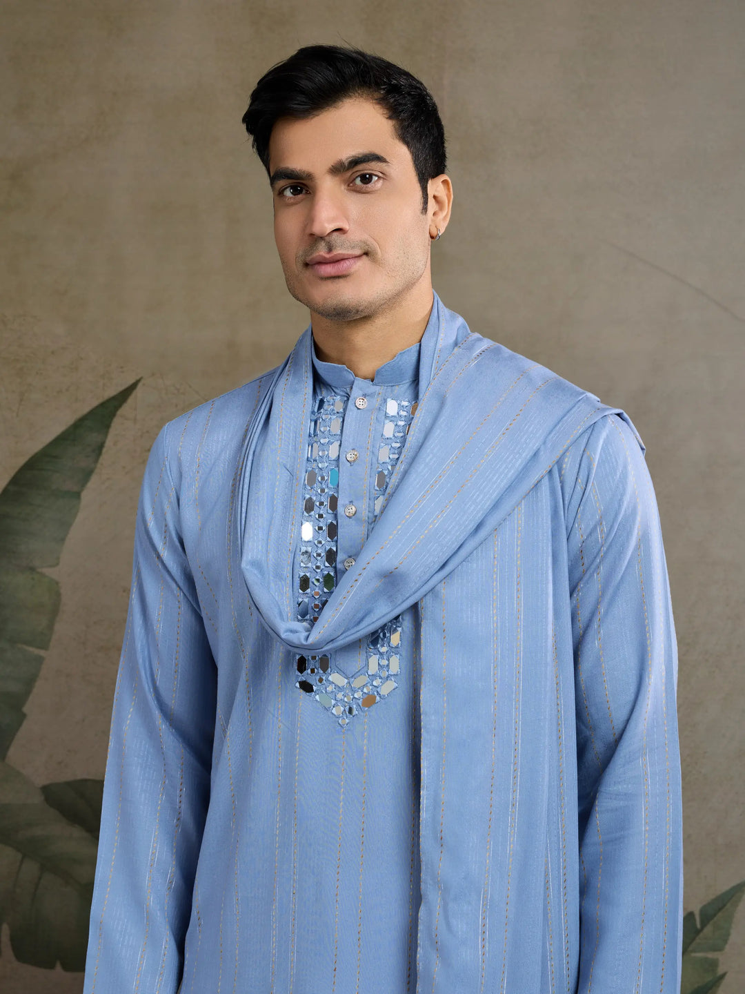 Light Blue Jari & Mirror Work Kurta Set With Pant & Dupatta - qivii