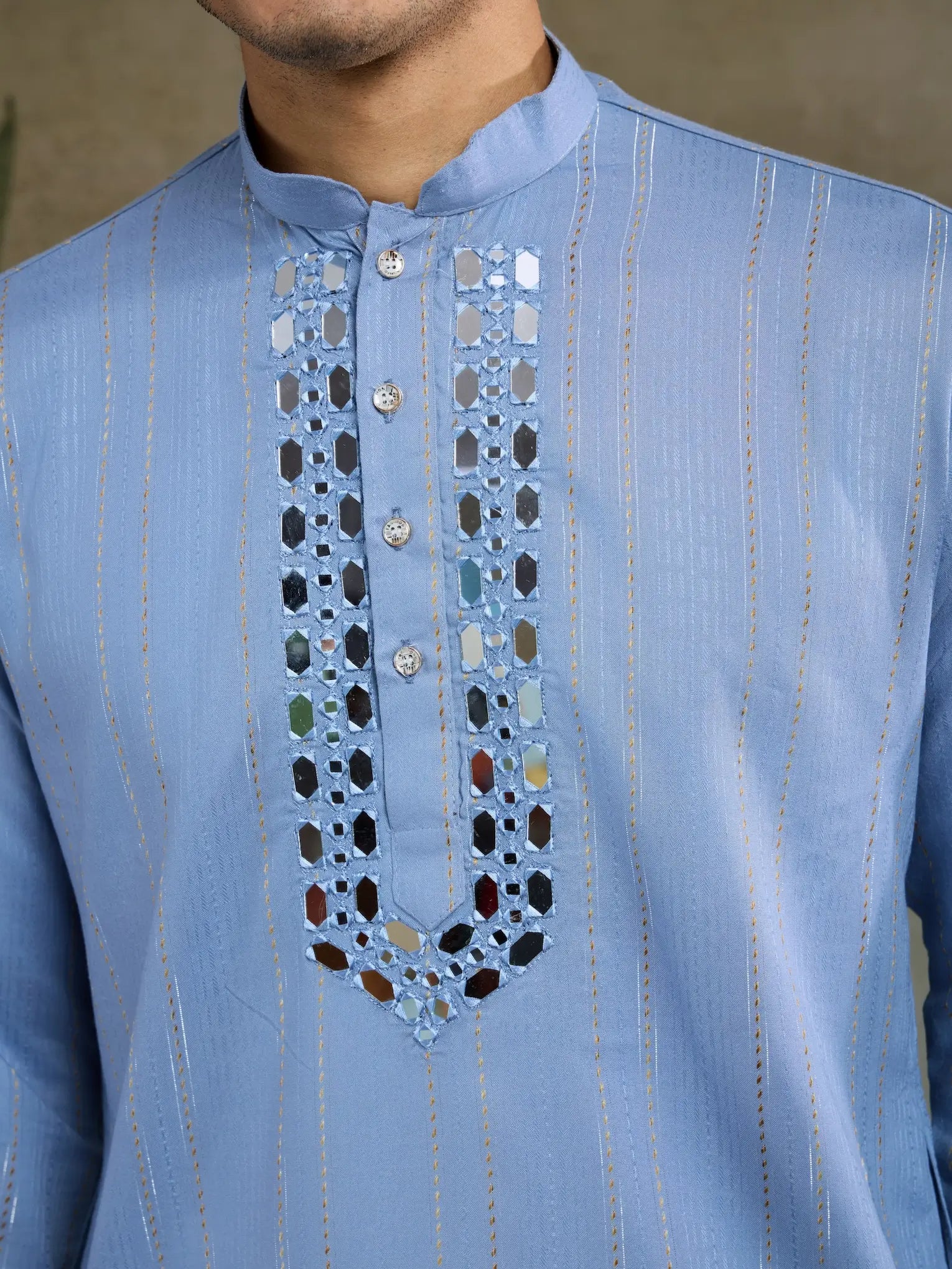 Light Blue Jari & Mirror Work Kurta Set With Pant & Dupatta