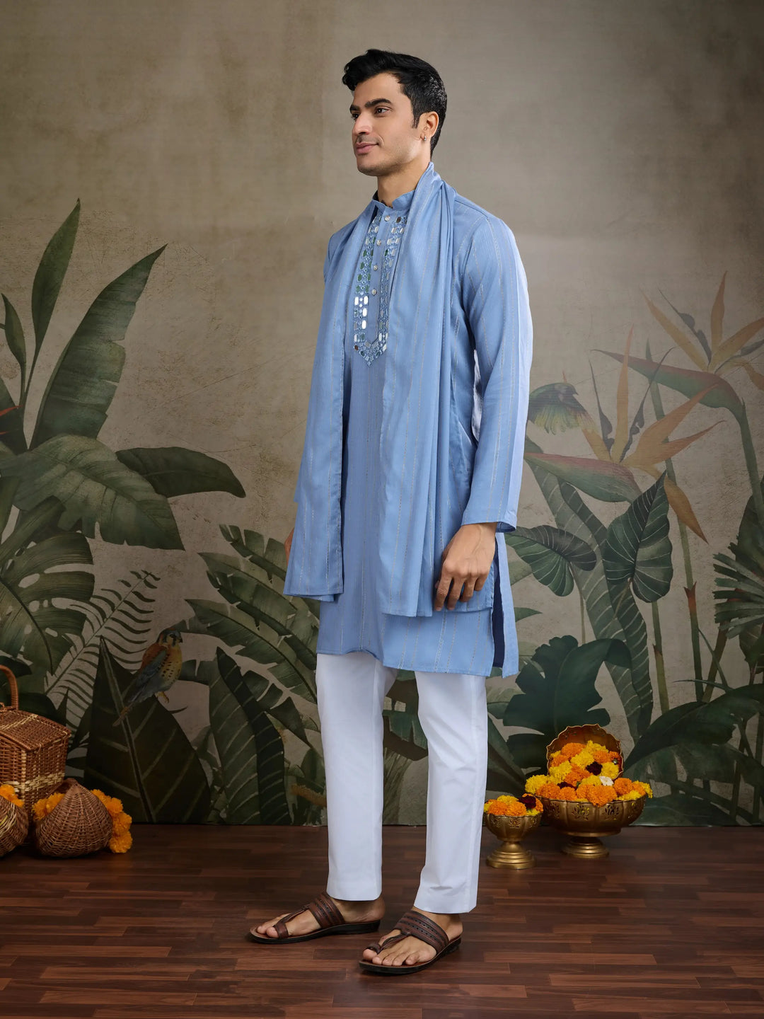 Light Blue Jari & Mirror Work Kurta Set With Pant & Dupatta - qivii