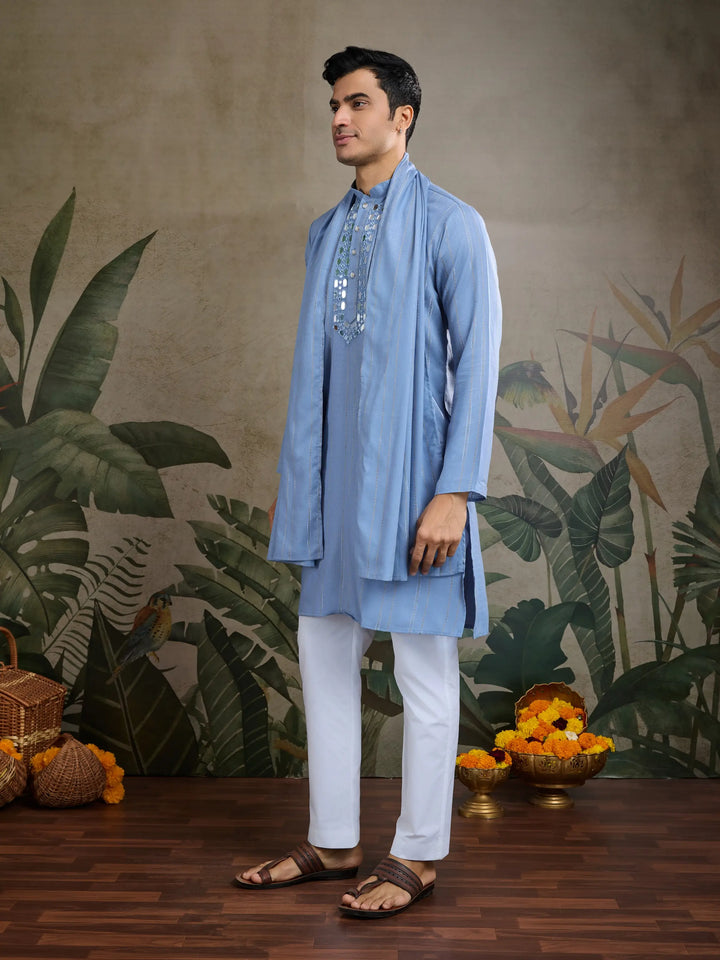 Light Blue Jari & Mirror Work Kurta Set With Pant & Dupatta - qivii