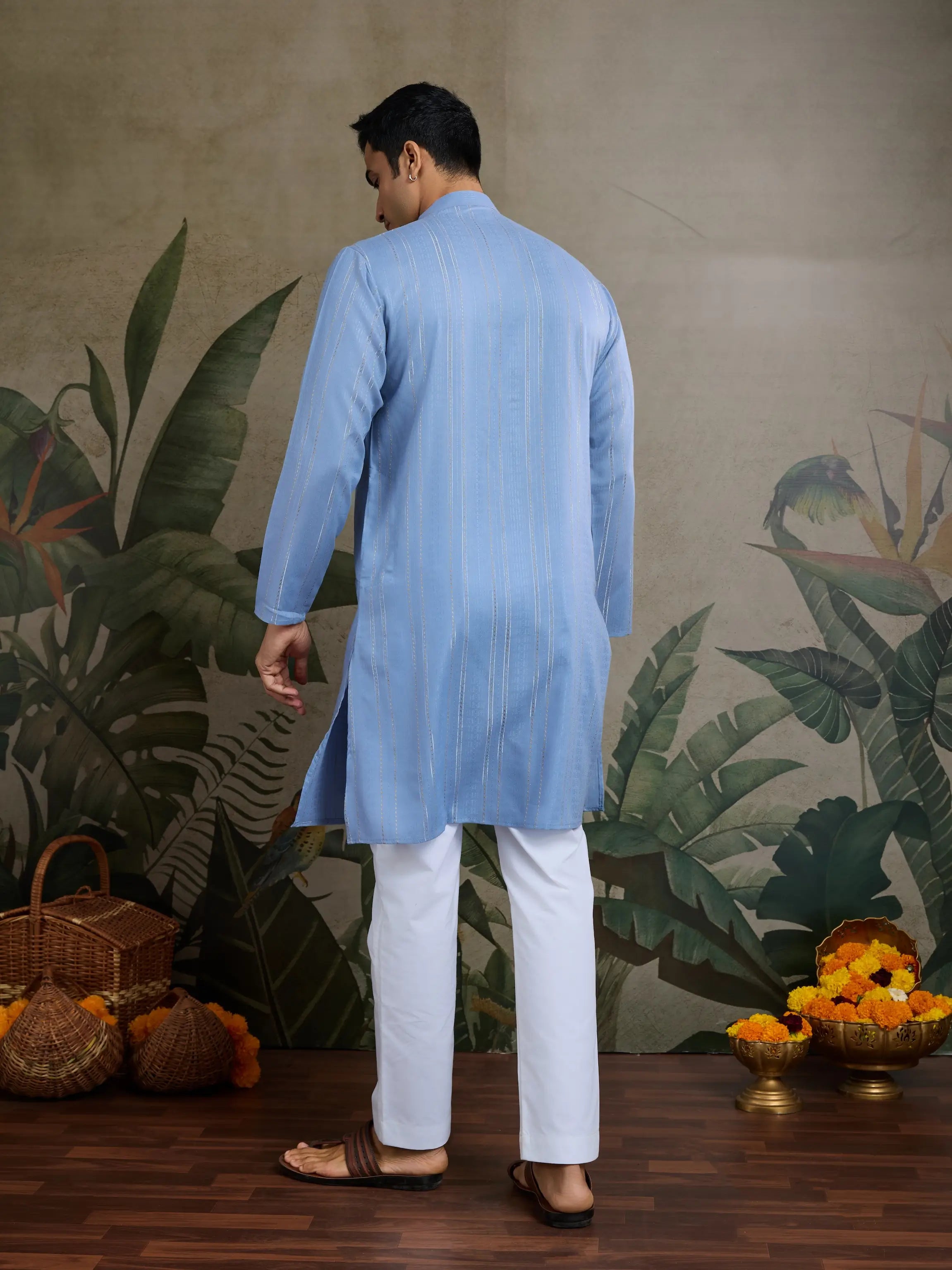 Light Blue Jari & Mirror Work Kurta Set With Pant & Dupatta