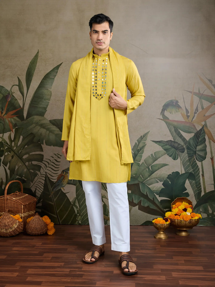 Yellow Jari & Mirror Work Kurta Set With Pant & Dupatta - qivii