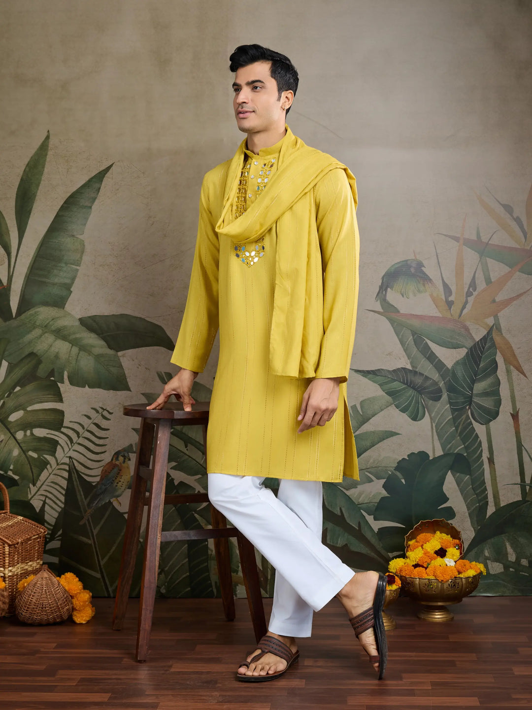 Yellow Jari & Mirror Work Kurta Set With Pant & Dupatta - qivii