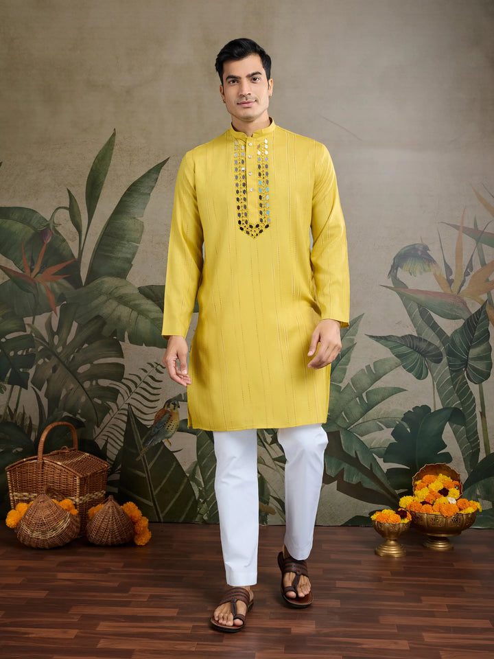 Yellow Jari & Mirror Work Kurta Set With Pant & Dupatta - qivii