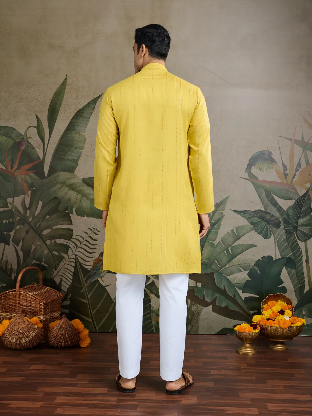 Yellow Jari & Mirror Work Kurta Set With Pant & Dupatta - qivii
