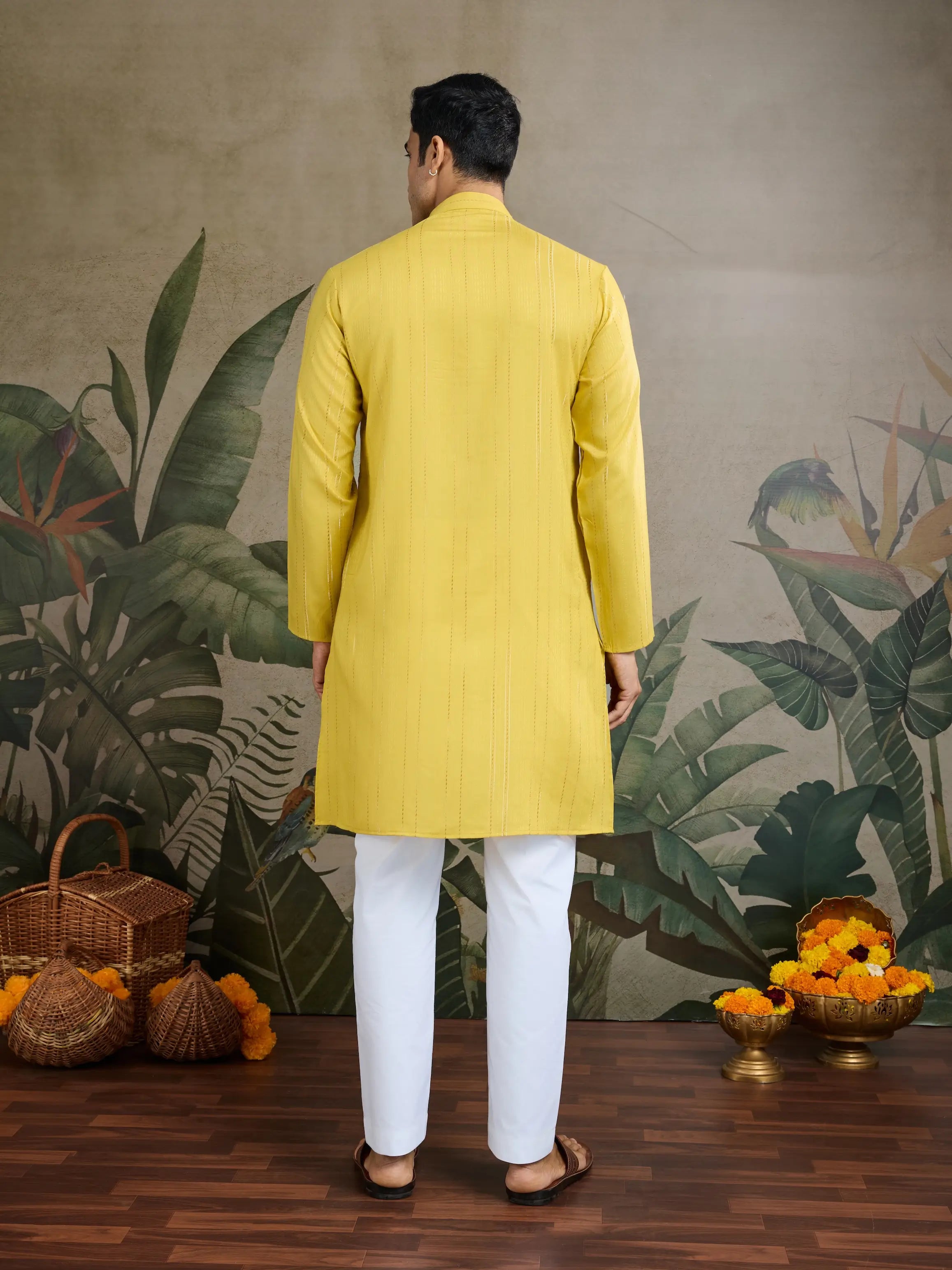 Yellow Jari & Mirror Work Kurta Set With Pant & Dupatta