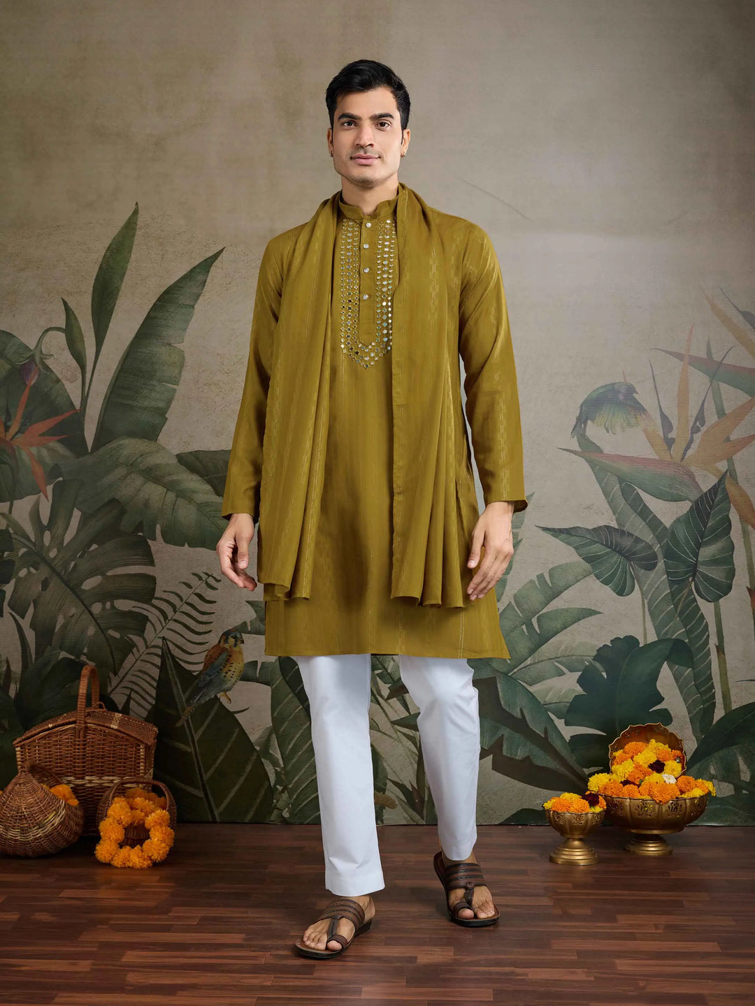 Rust Yellow Mirror Work And Zari Work Rayon Kurta & Dupatta With Pant - qivii