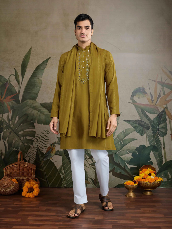 Rust Yellow Mirror Work And Zari Work Rayon Kurta & Dupatta With Pant - qivii