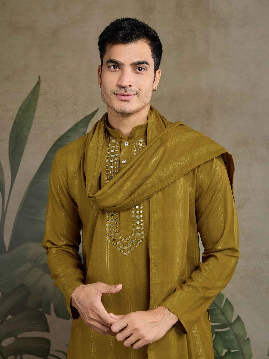 Rust Yellow Mirror Work And Zari Work Rayon Kurta & Dupatta With Pant - qivii