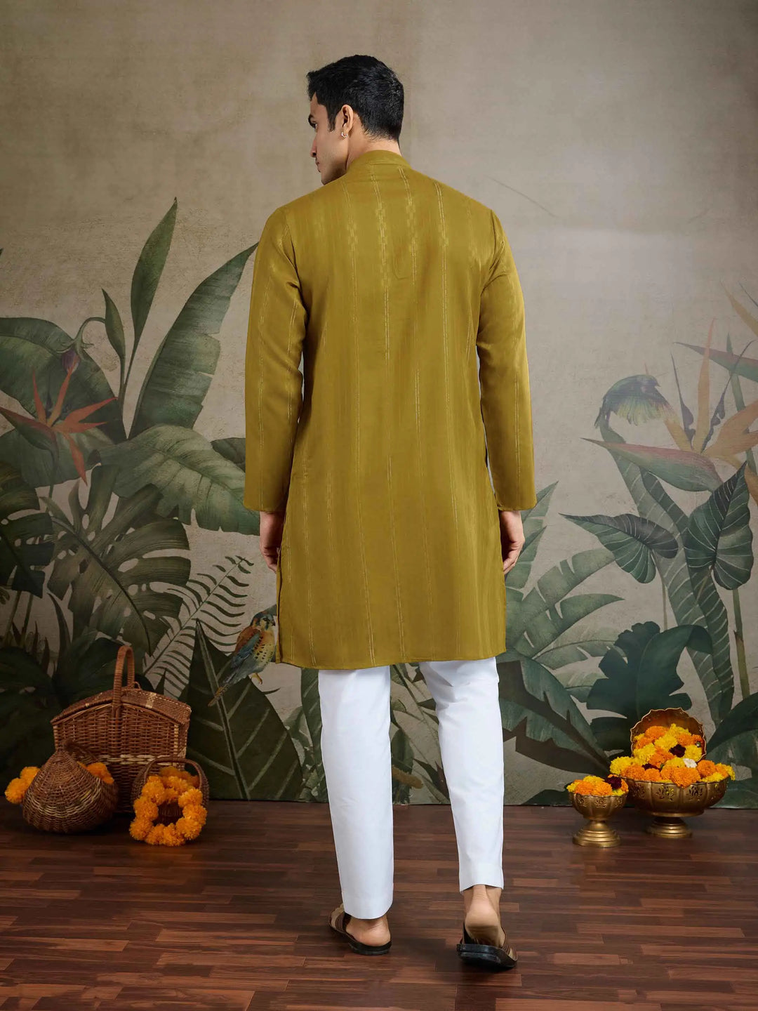Rust Yellow Mirror Work And Zari Work Rayon Kurta & Dupatta With Pant - qivii
