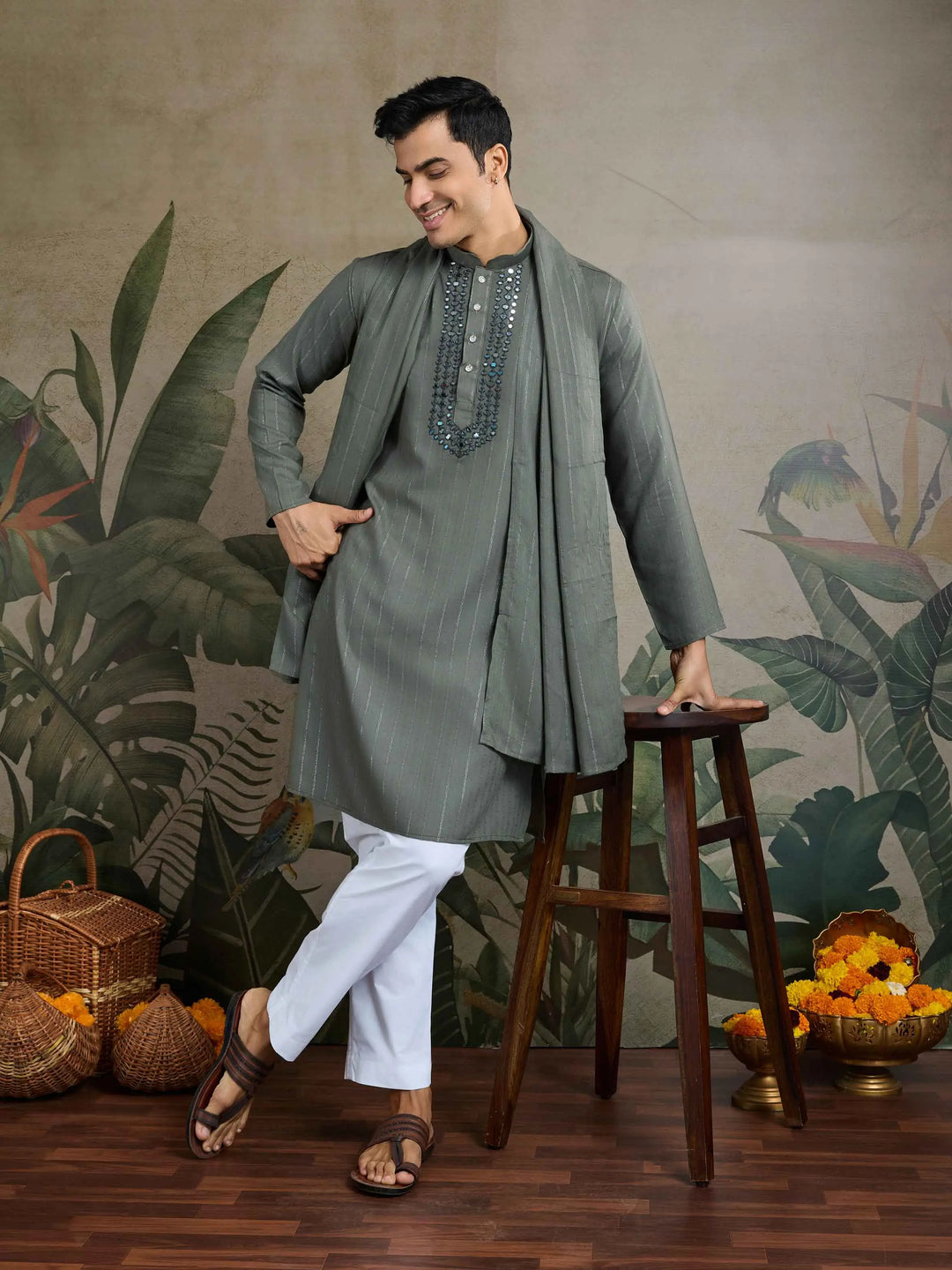 Rust Green Mirror Work And Zari Work Rayon Kurta & Dupatta With Pant - qivii