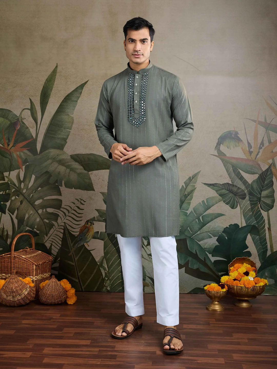 Rust Green Mirror Work And Zari Work Rayon Kurta & Dupatta With Pant - qivii