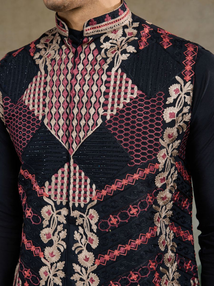 BLACK VISCOSE SILK THREAD & SWAROVSKI EMBOIDERED WORK KURTA KOTI - qivii