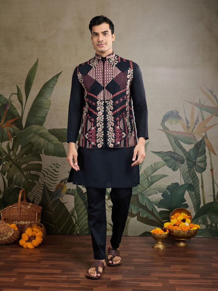 BLACK VISCOSE SILK THREAD & SWAROVSKI EMBOIDERED WORK KURTA KOTI - qivii