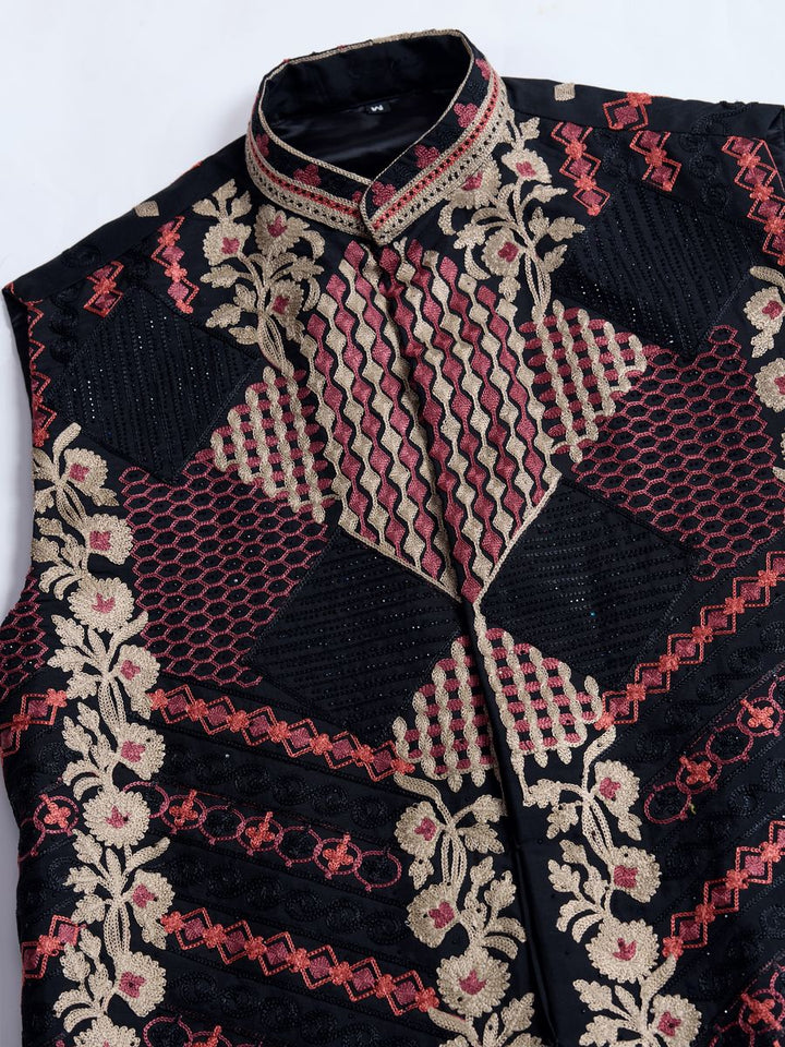 BLACK VISCOSE SILK THREAD & SWAROVSKI EMBOIDERED WORK KURTA KOTI - qivii