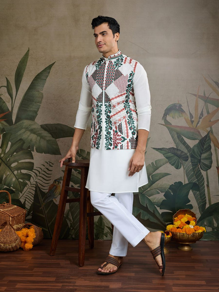 WHITE VISCOSE SILK THREAD & SWAROVSKI EMBOIDERED WORK KURTA KOTI - qivii