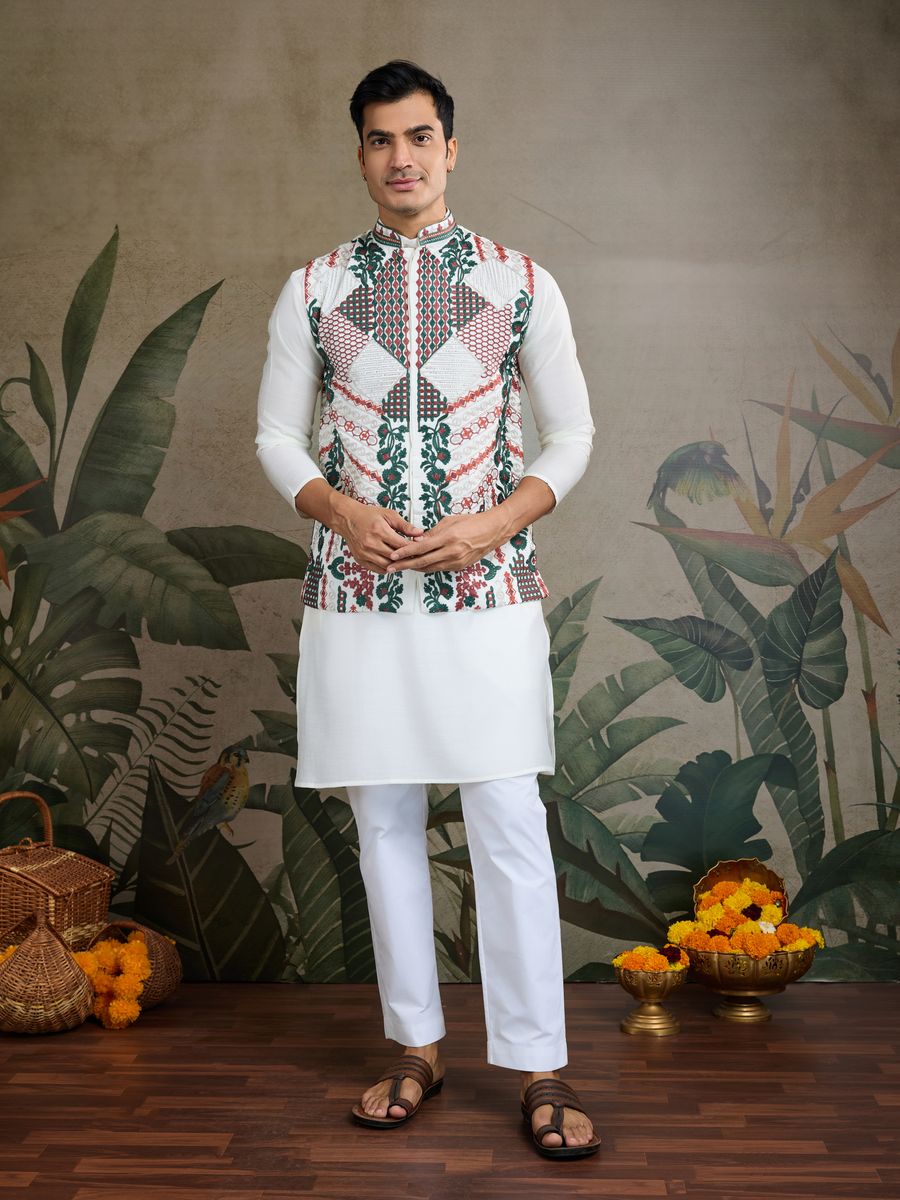 WHITE VISCOSE SILK THREAD & SWAROVSKI EMBOIDERED WORK KURTA KOTI - qivii