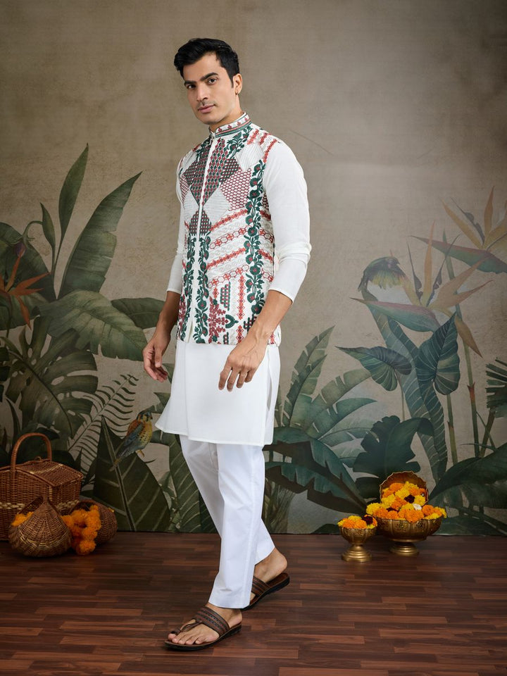 WHITE VISCOSE SILK THREAD & SWAROVSKI EMBOIDERED WORK KURTA KOTI - qivii
