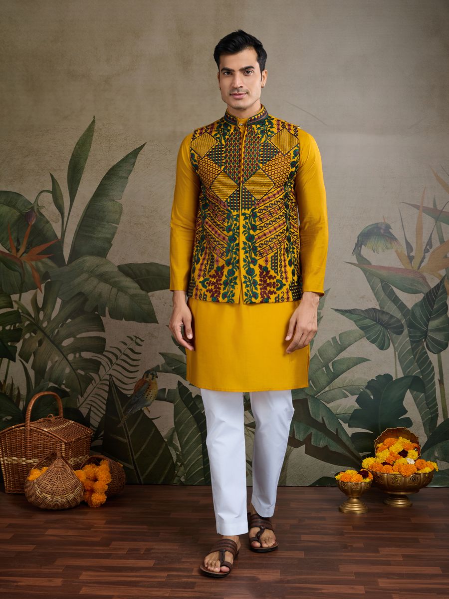YELLOW VISCOSE SILK THREAD & SWAROVSKI EMBOIDERED WORK KURTA KOTI - qivii
