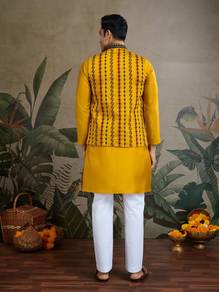 YELLOW VISCOSE SILK THREAD & SWAROVSKI EMBOIDERED WORK KURTA KOTI - qivii