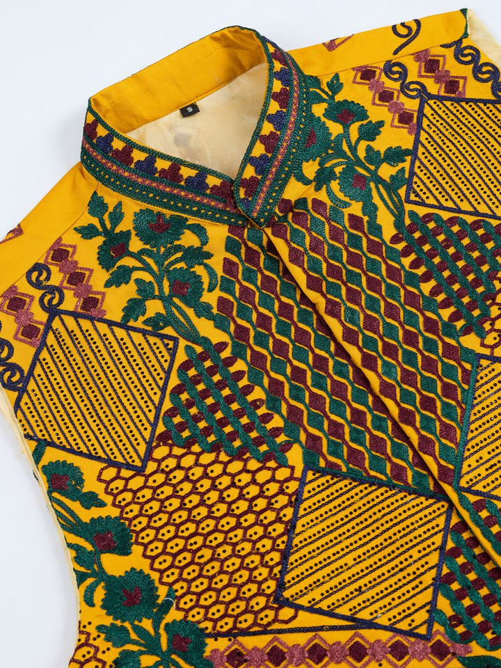 YELLOW VISCOSE SILK THREAD & SWAROVSKI EMBOIDERED WORK KURTA KOTI - qivii