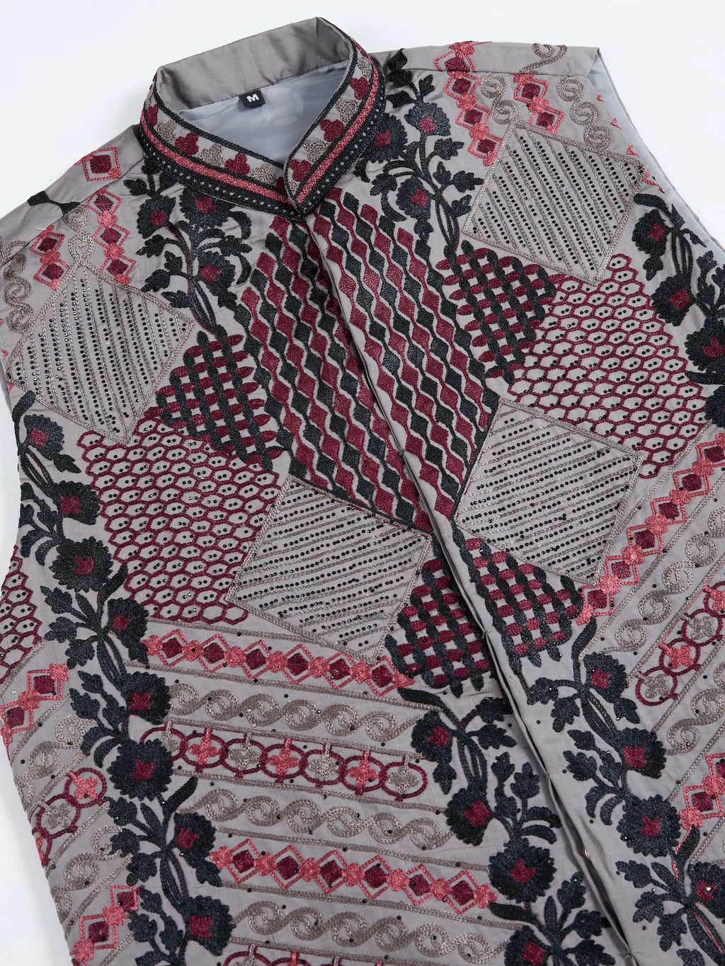 Grey Silk Thread & Swarovski Embroidered Work Kurta Set With Koti (Jacket)