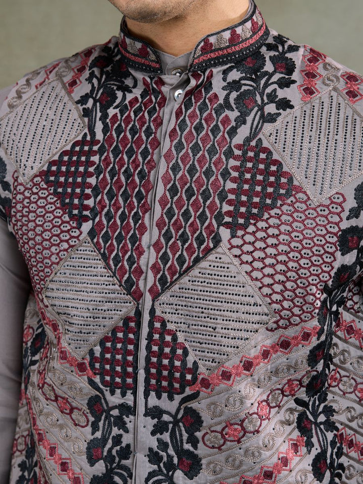 GREY VISCOSE SILK THREAD & SWAROVSKI EMBOIDERED WORK KURTA KOTI - qivii