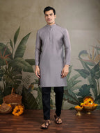 Grey Silk Thread & Swarovski Embroidered Work Kurta Set With Koti (Jacket)