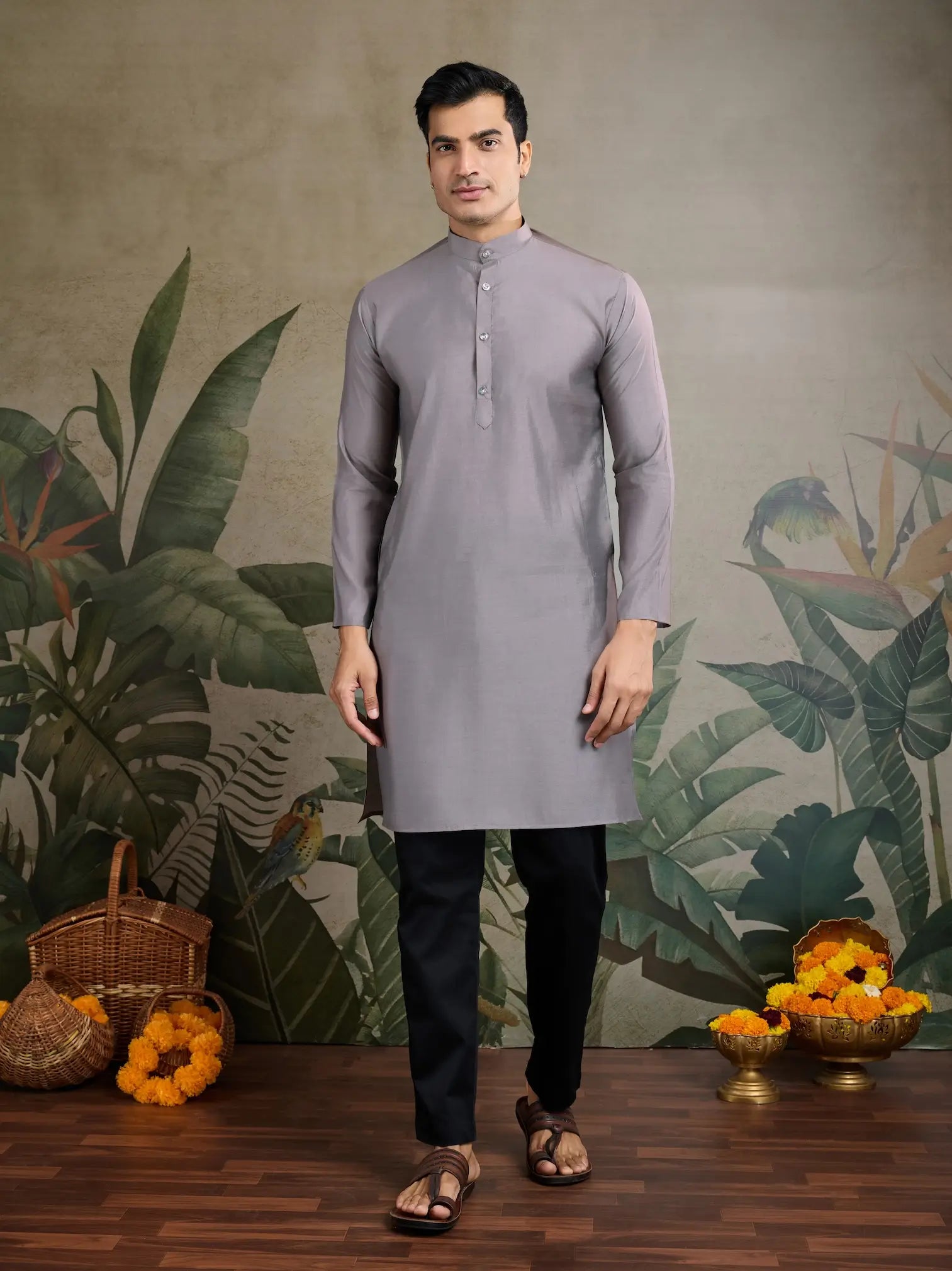 Grey Silk Thread & Swarovski Embroidered Work Kurta Set With Koti (Jacket)