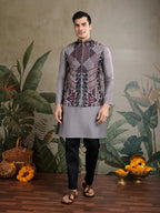 Grey Silk Thread & Swarovski Embroidered Work Kurta Set With Koti (Jacket)