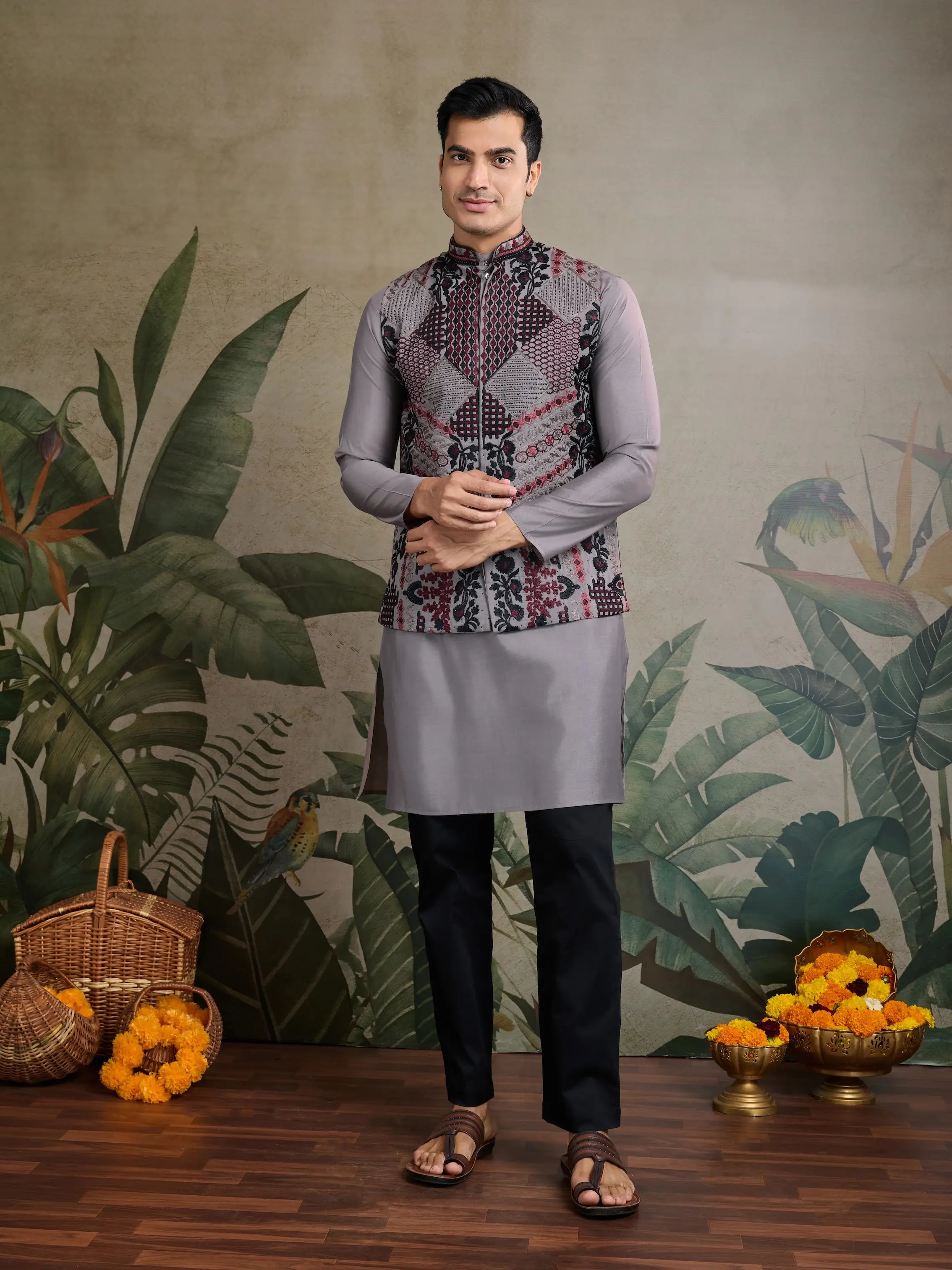 Grey Silk Thread & Swarovski Embroidered Work Kurta Set With Koti (Jacket)
