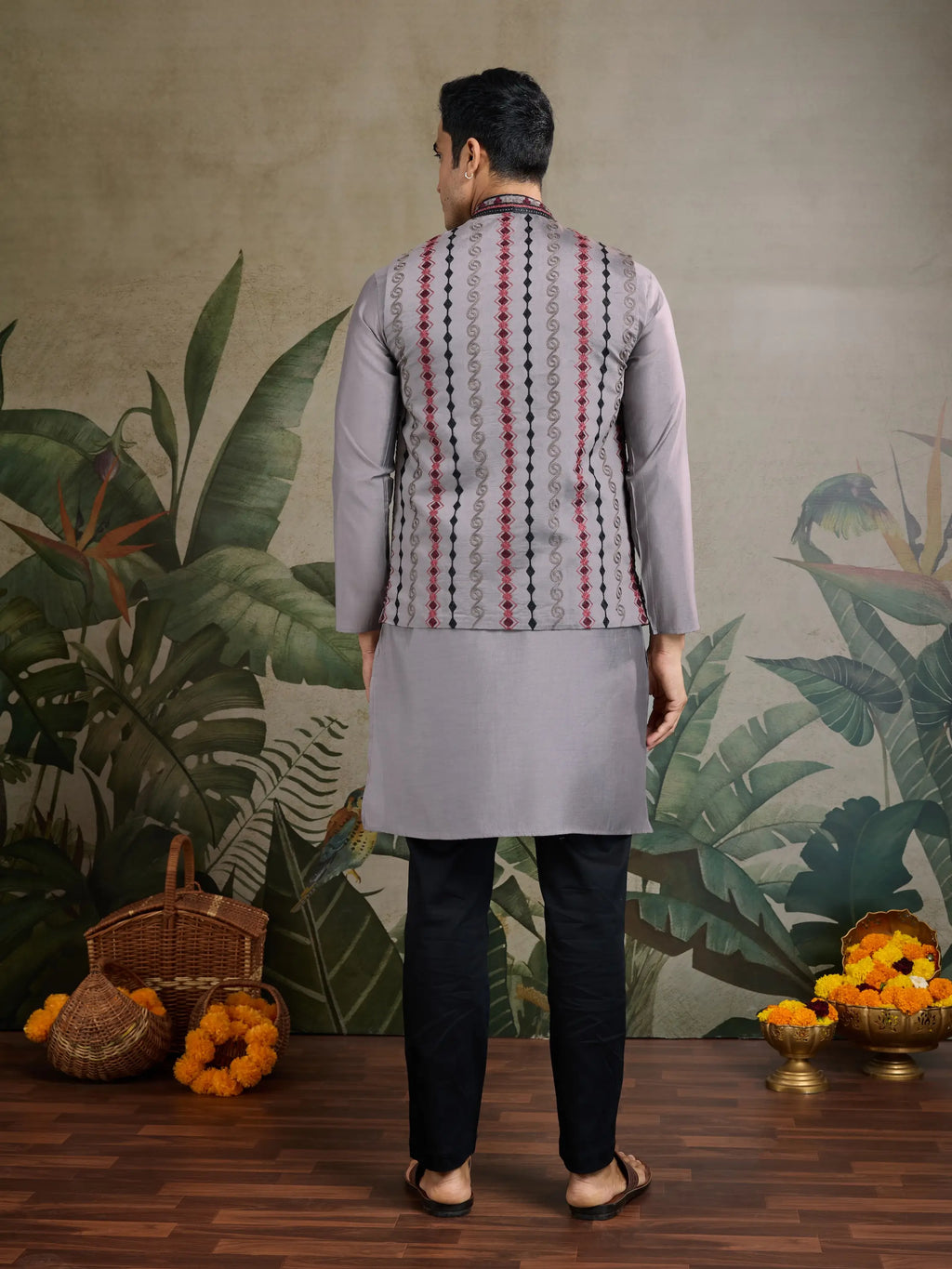 Grey Silk Thread & Swarovski Embroidered Work Kurta Set With Koti (Jacket)