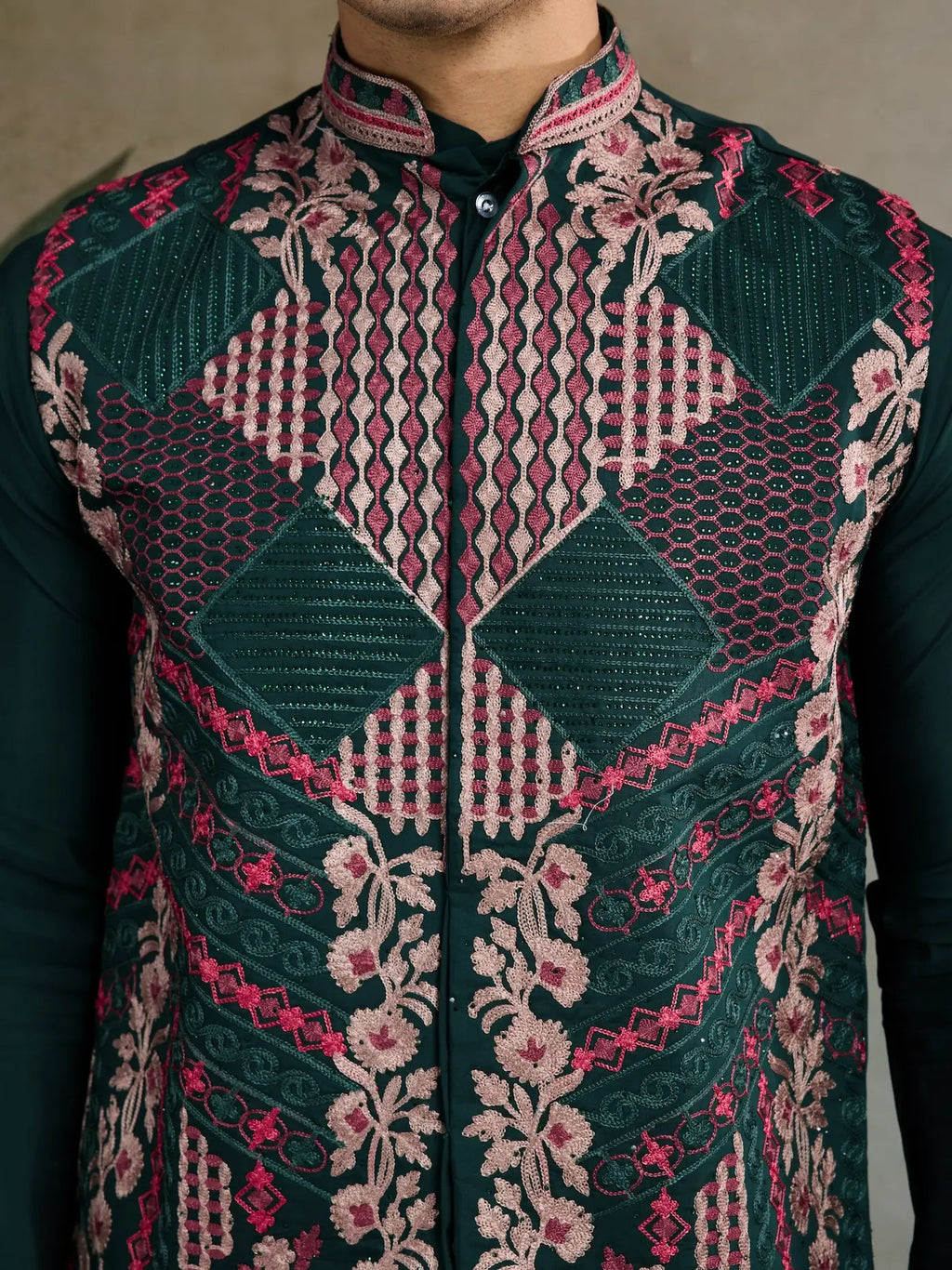 Green Silk Thread & Swarovski Embroidered Work Kurta Set With Koti (Jacket)