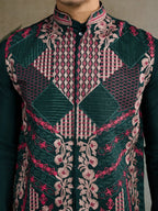 Green Silk Thread & Swarovski Embroidered Work Kurta Set With Koti (Jacket)