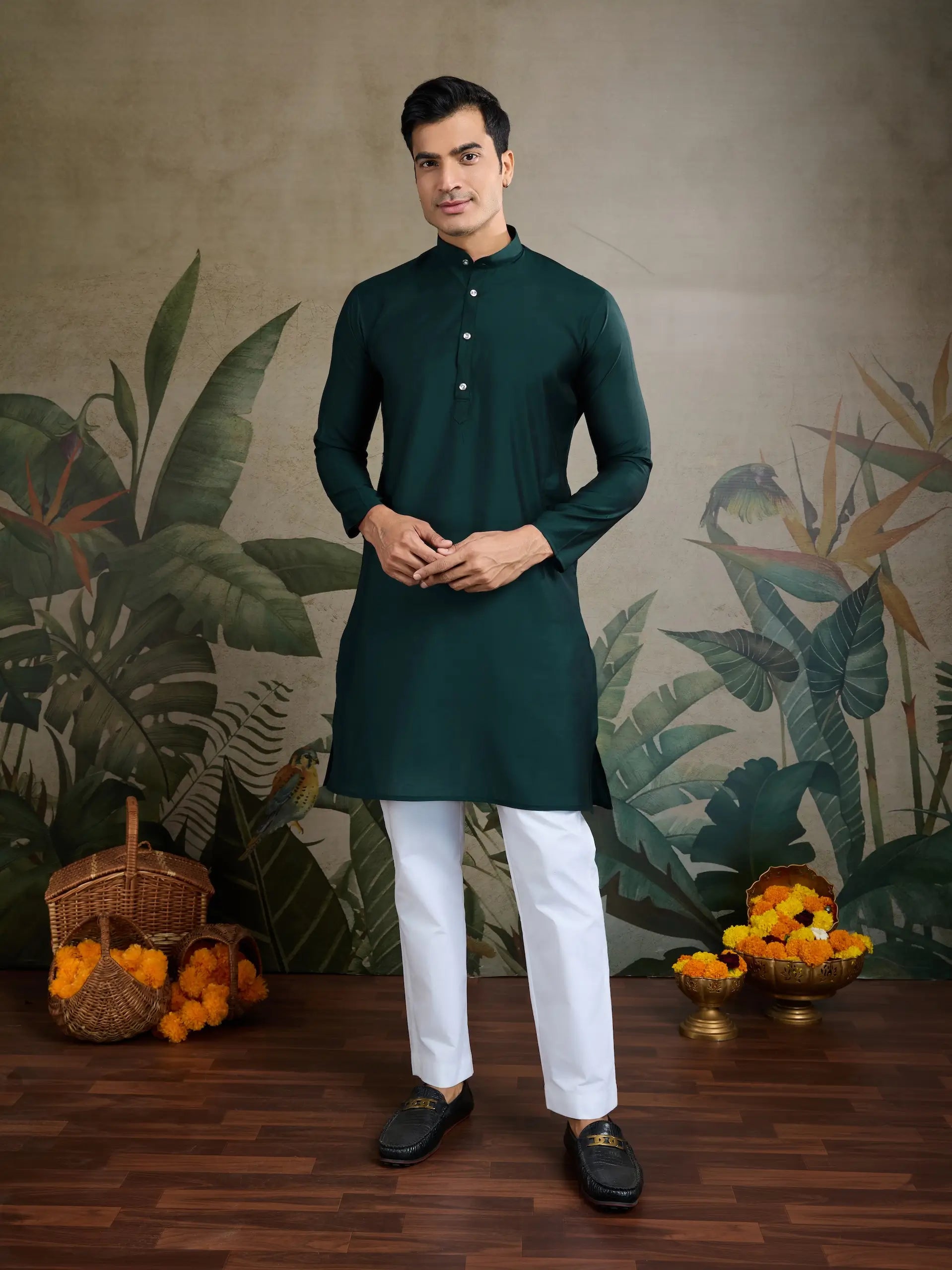 Green Silk Thread & Swarovski Embroidered Work Kurta Set With Koti (Jacket)