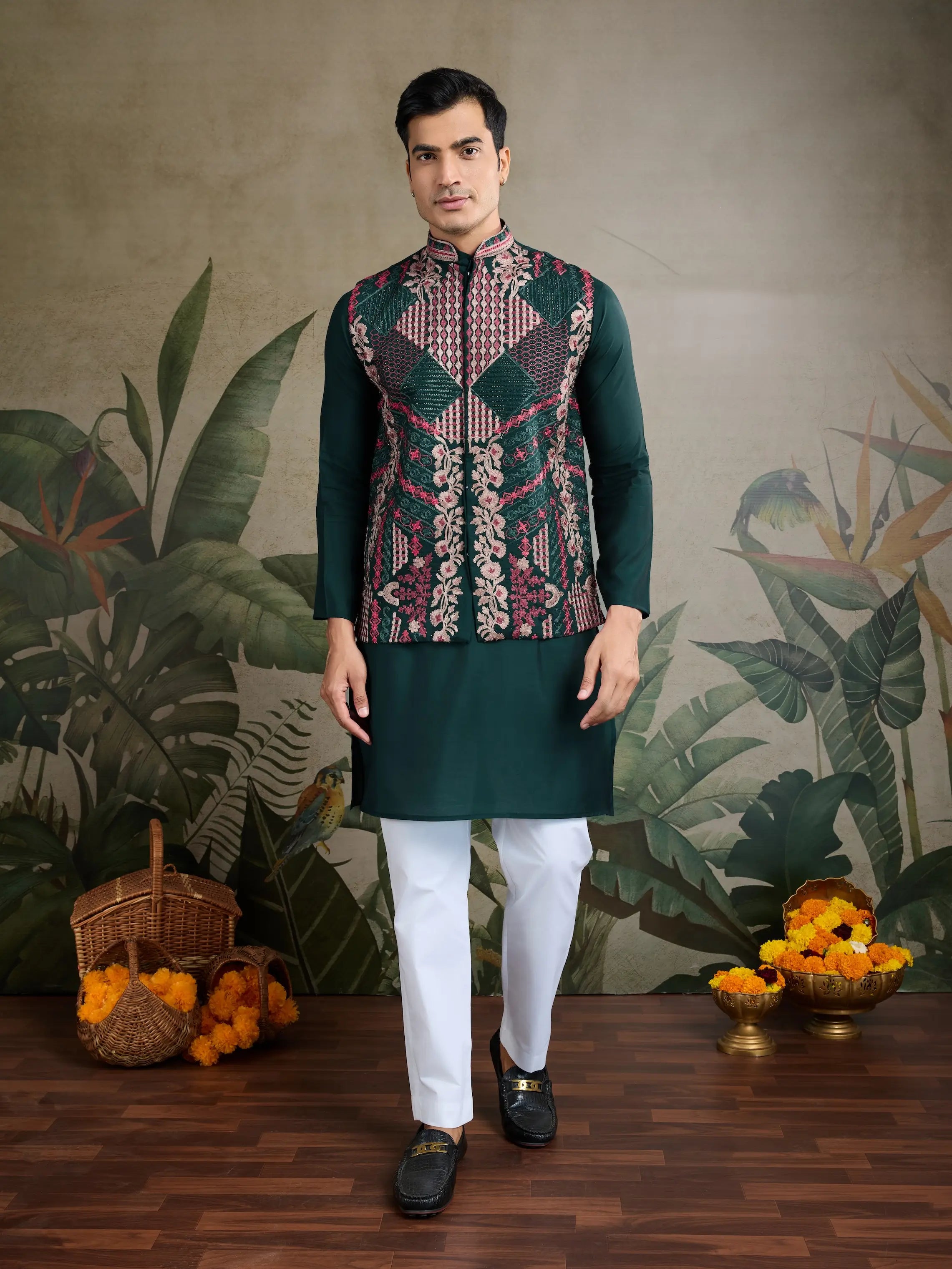 Green Silk Thread & Swarovski Embroidered Work Kurta Set With Koti (Jacket)
