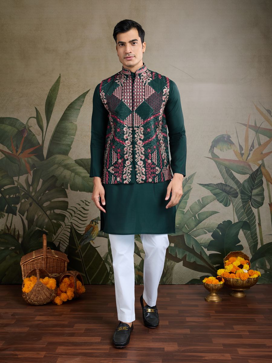 GREEN VISCOSE SILK THREAD & SWAROVSKI EMBOIDERED WORK KURTA KOTI - qivii